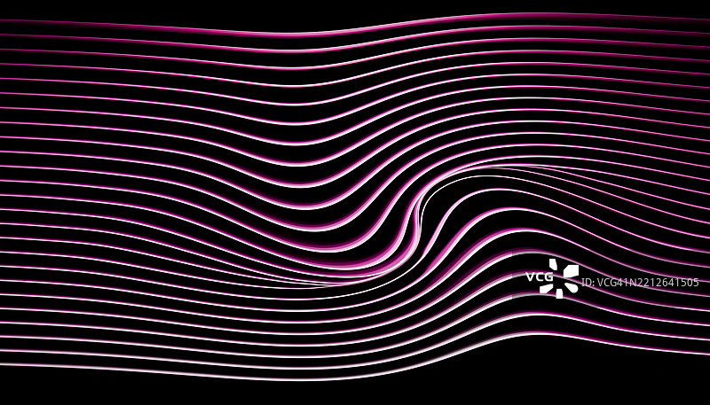 黑色背景上的弯曲粉色霓虹线条形成了动态的波浪状图案。Blender 3D 插图图片素材
