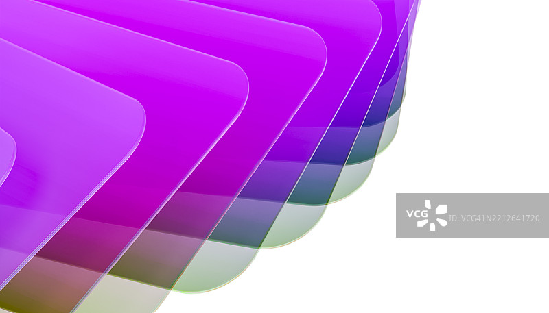 粉色和绿色的层叠半透明薄片在白色背景上的抽象构图。Blender 3D 插图图片素材