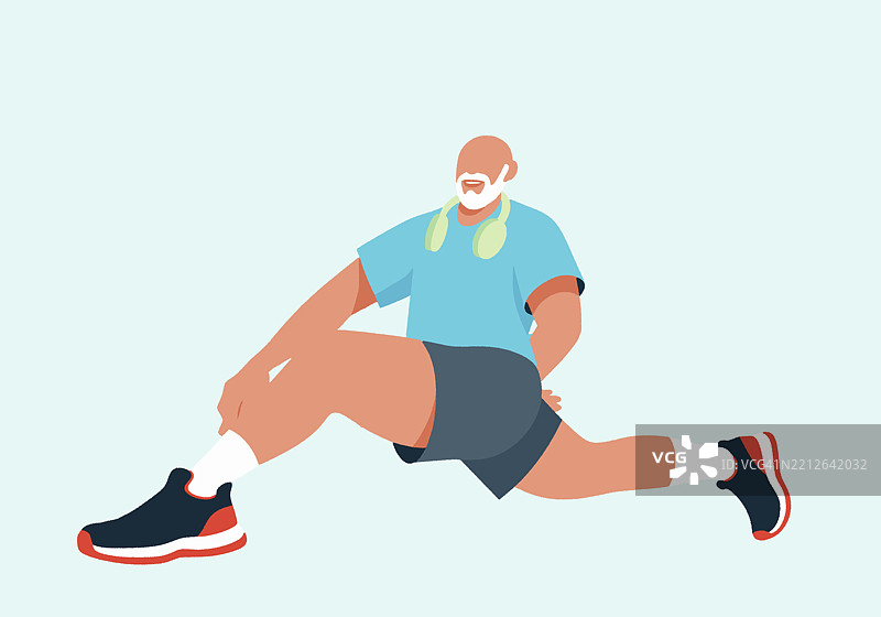 穿着运动服的老年男子在蓝色背景下伸展身体，戴着耳机的插图图片素材