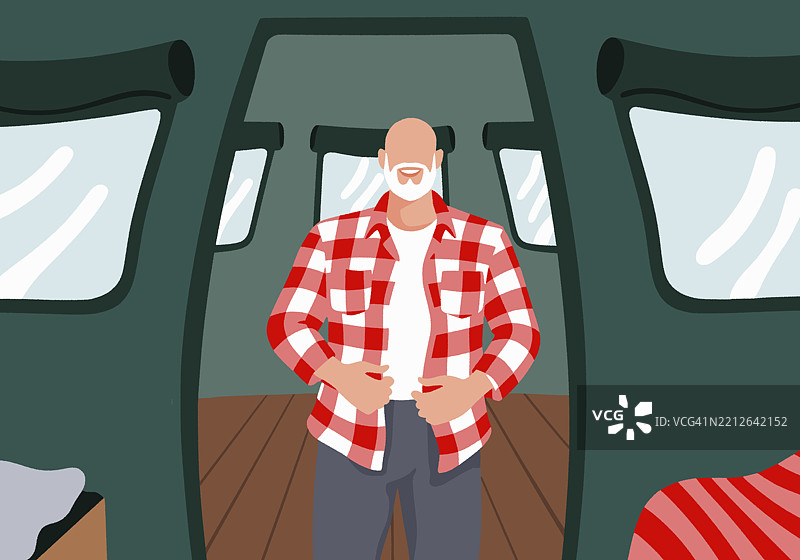 穿着红色格子衬衫的秃顶老人在绿色墙壁的帐篷内，窗帘卷起。图片素材