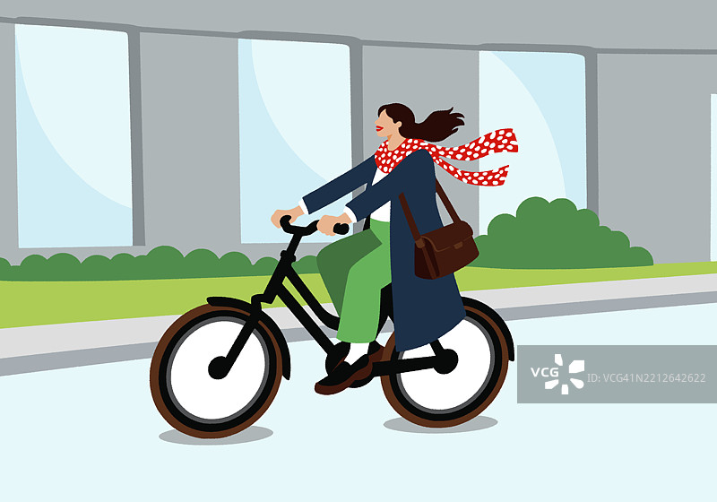 一位女性在城市中骑自行车，身披红色围巾的插图图片素材