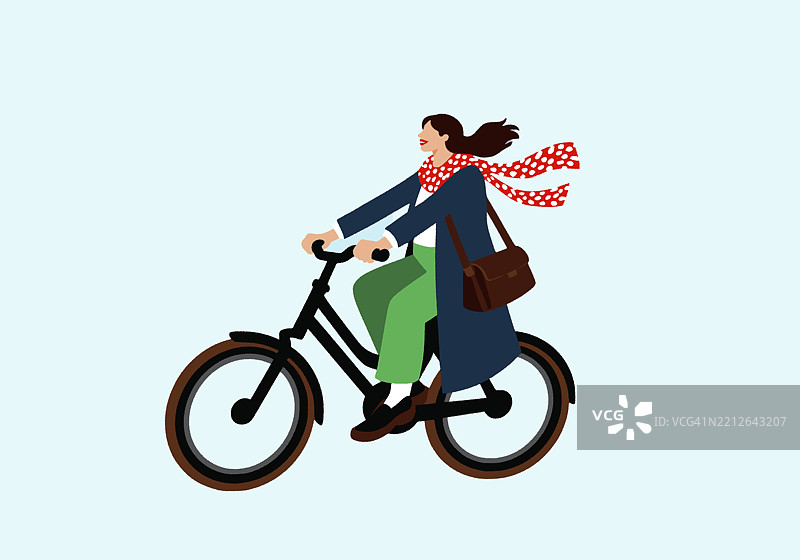 一位戴着红色围巾的女性骑着自行车，背景为浅蓝色。图片素材