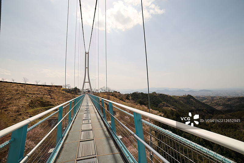 从70米高、400米长的悬索桥顶端往下看，山樱花和其他樱树正盛开。图片素材