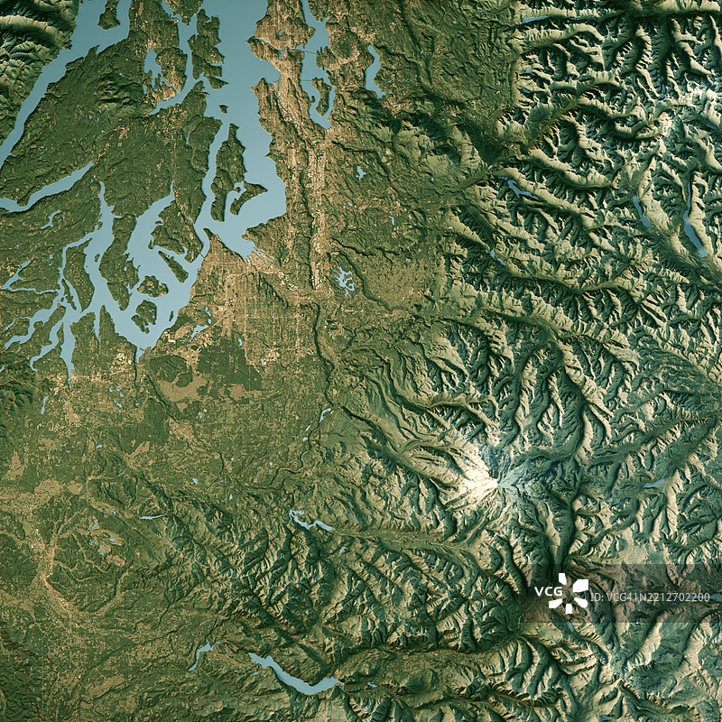 皮尔斯县华盛顿州卫星地形图3D渲染真实色彩图片素材