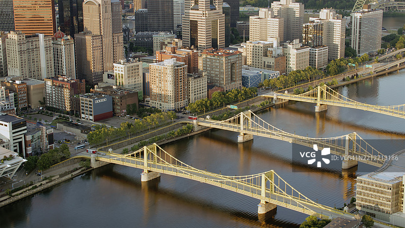 匹兹堡金色桥梁俯瞰图，跨越阿勒格尼河与市中心天际线图片素材