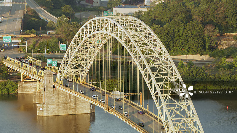 匹兹堡宾夕法尼亚州的福特皮特大桥上方的金色拱门，夕阳下宁静的河流图片素材
