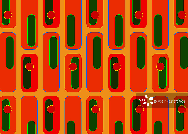 橙色和绿色的圆角矩形,配有红色圆圈,背景为浅橙色。这是一张受1960年代至1970年代设计启发的数字生成照片。巴黎,法国。图片素材