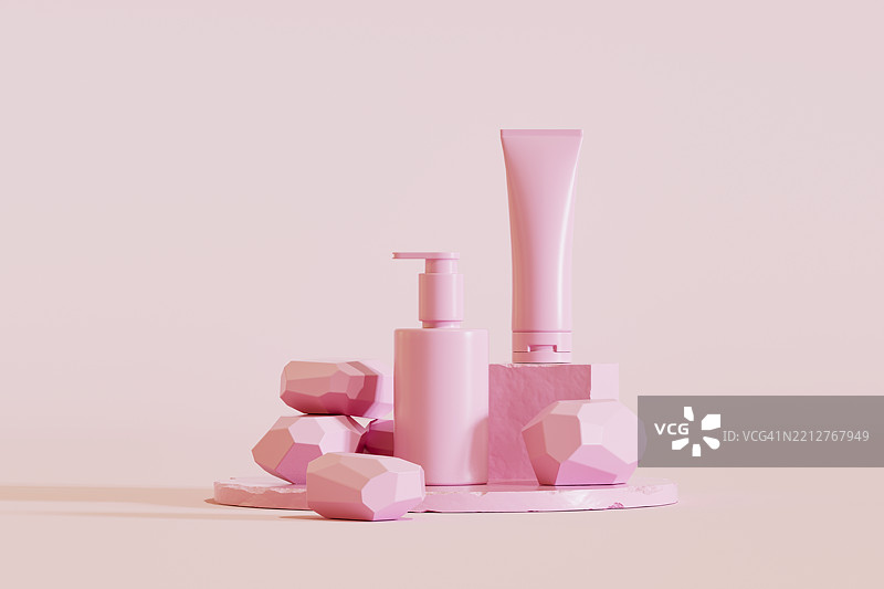 粉色背景上的化妆品展示台，美容与护肤概念图片素材
