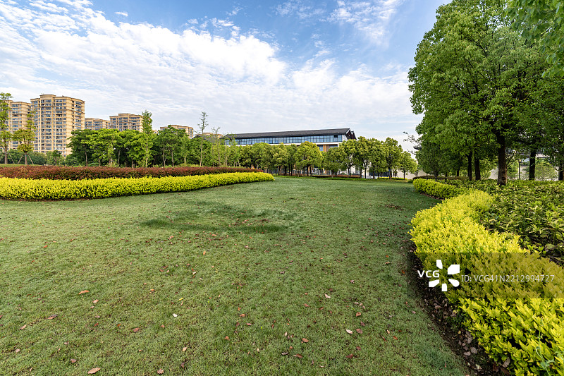 城市景观中被灌木丛环绕的宽阔城市草坪图片素材