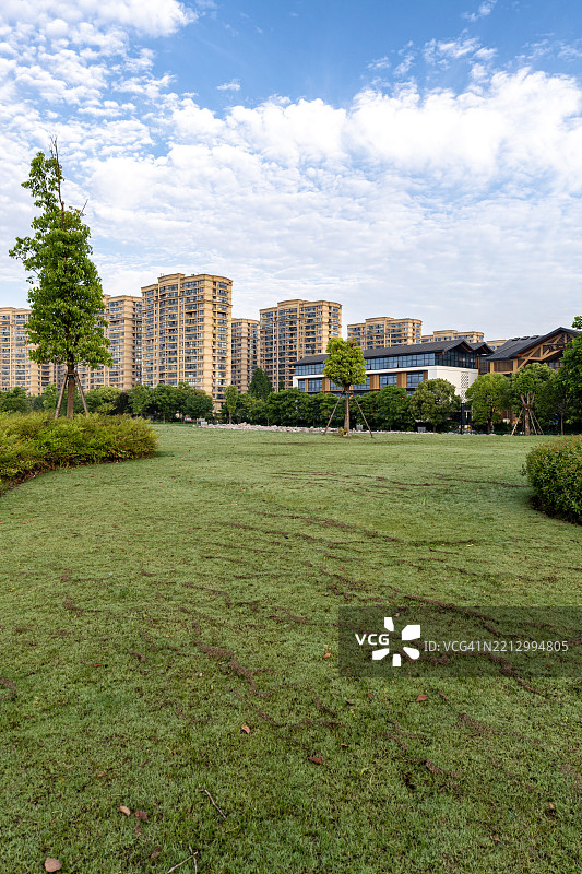 面向高层城市住宅的草坪肖像视图图片素材
