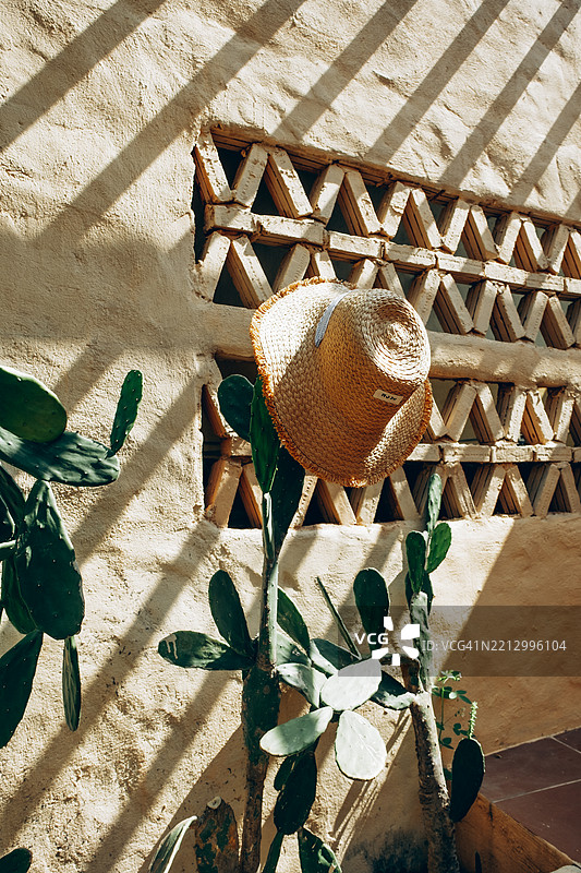 草帽挂在仙人掌植物上，背景是带有几何格栅和阳光投射阴影的米色纹理墙。图片素材