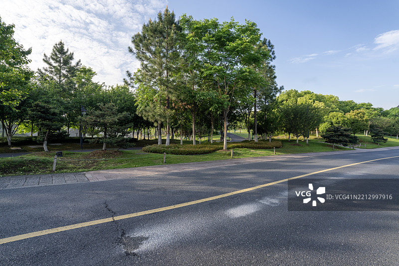 郊区绿地中的黄色分隔线道路图片素材