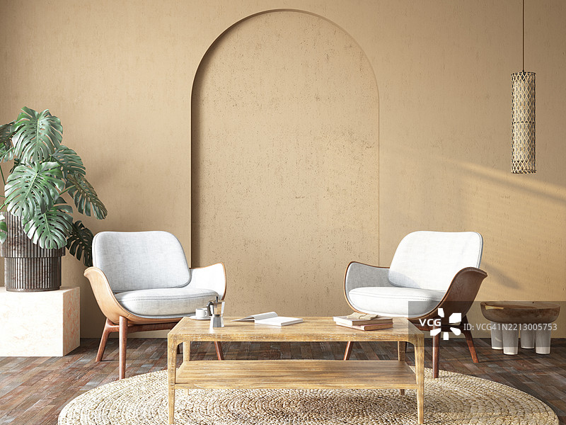 现代客厅室内设计，搭配龟背竹和中性色调图片素材