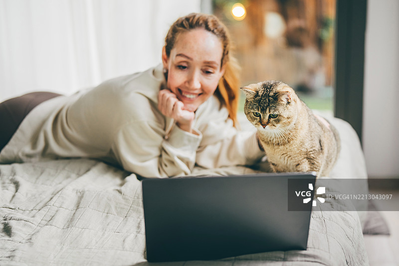 一位女性在床上放松，与一只猫一起看笔记本电脑上的电影。图片素材