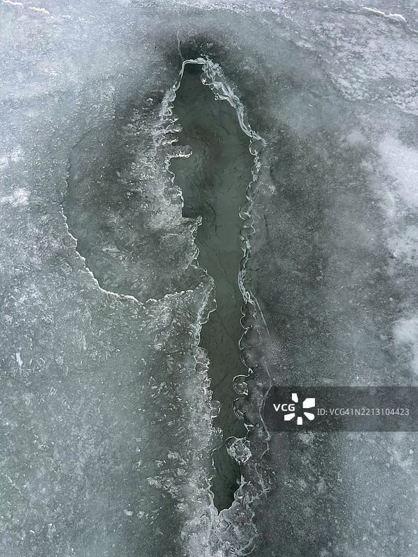 冰湖表面裂缝，带有纹理冰缘图片素材