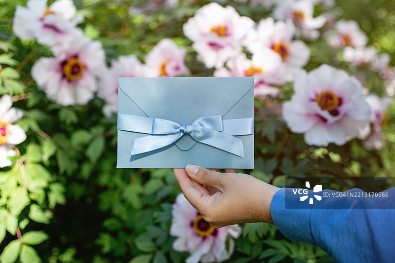 女性手持蓝色证书礼品，适合作为样板。图片素材