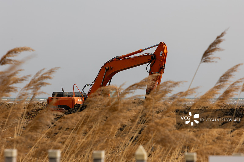 挖掘机在海滩进行疏浚作业图片素材