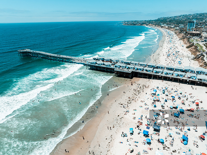 阳光明媚的独立日，拥挤的太平洋海滩和码头的鸟瞰图图片素材