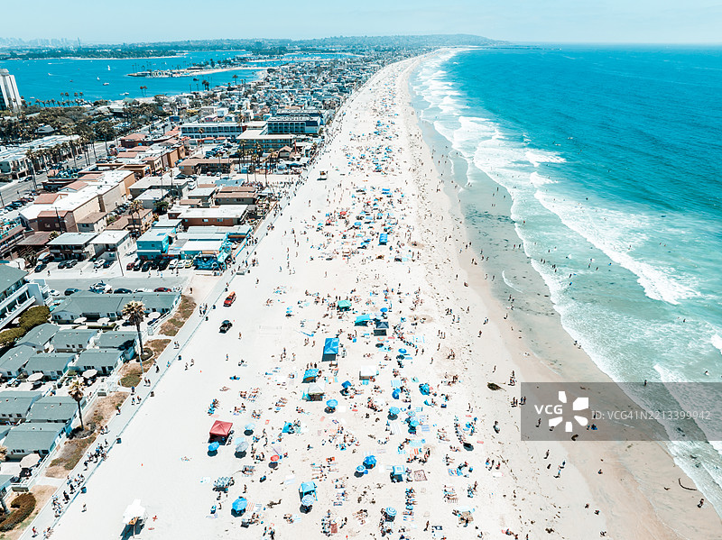 阳光明媚的七月四日，拥挤的太平洋海滩和沿海城市的鸟瞰图。图片素材