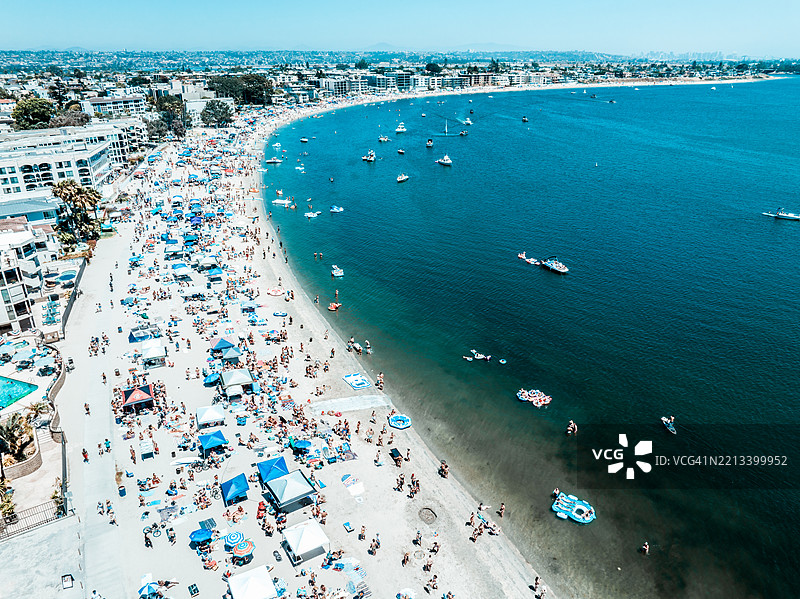 阳光明媚的七月四日，拥挤的太平洋海滩和沿海城市的鸟瞰图。图片素材