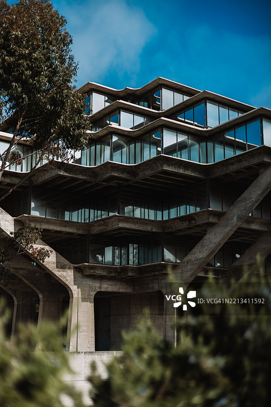 加州大学圣地亚哥分校的盖泽尔图书馆被树木环绕,蓝天映衬。图片素材