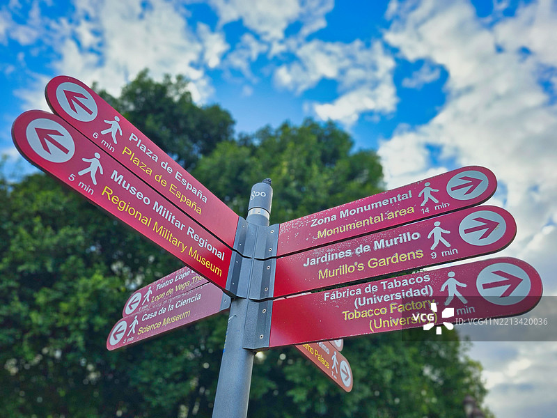塞维利亚，安达卢西亚市内不同地点的指示标志。图片素材