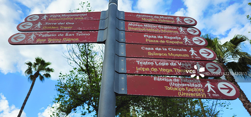 塞维利亚，安达卢西亚市内不同地点的指示标志。图片素材