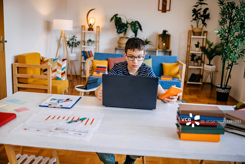 年轻的少年在家学习，坐在餐桌上看着笔记本电脑。图片素材
