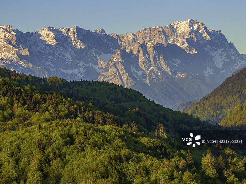 鸟瞰图,树木,森林,浅绿色的叶子,晨光,山脉,阳光明媚,春天,靠近穆尔瑙,楚格峰,韦特施泰因山脉,阿尔卑斯山的山脚,巴伐利亚,德国,欧洲图片素材