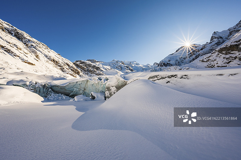 被雪覆盖的冰川，莫特拉茨冰川，贝尔尼纳山脉，恩加丁，格劳宾登，瑞士，欧洲图片素材