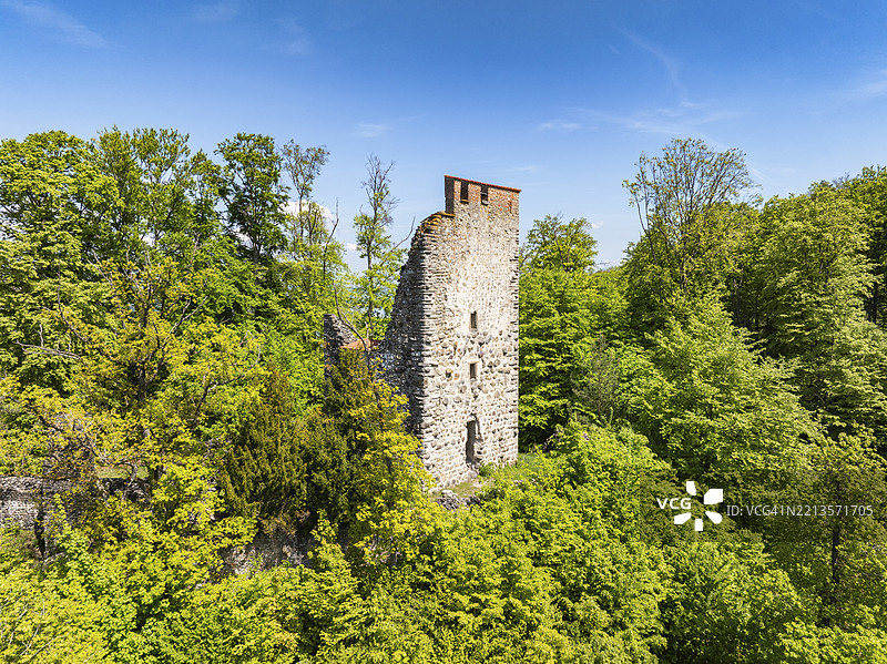 新堡遗址的鸟瞰图，位于瑞士图尔高州的康士湖、下湖和莱茵湖对面的霍里半岛上，历史遗址。图片素材