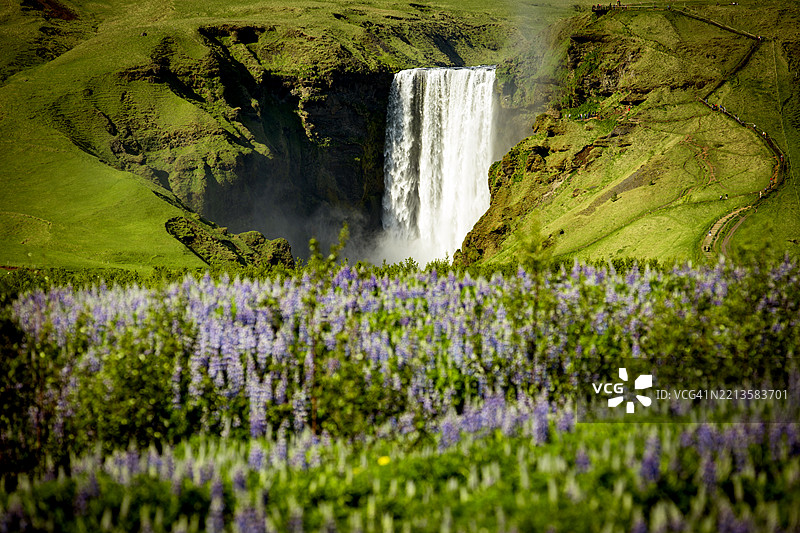 冰岛阳光明媚的斯科加瀑布。图片素材