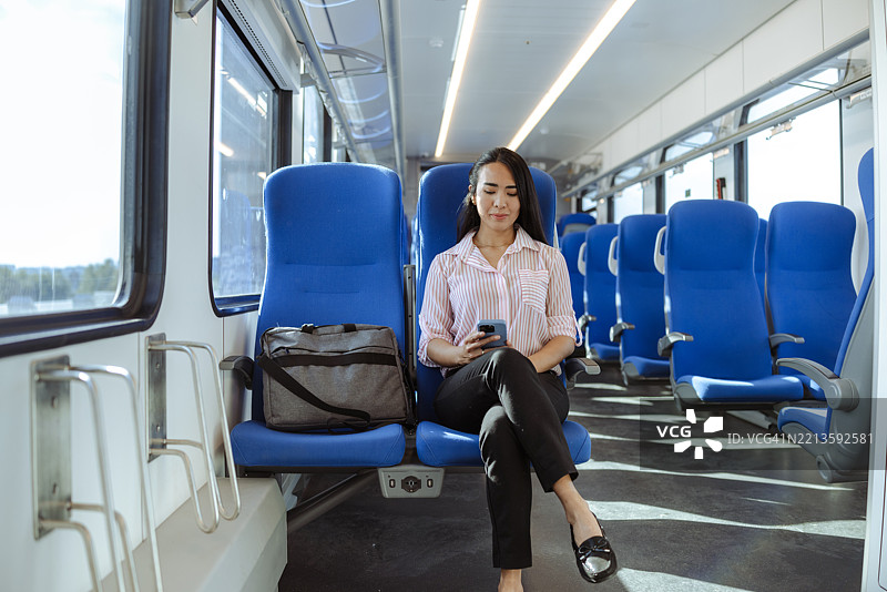 美丽的女性在现代列车上使用智能手机旅行图片素材