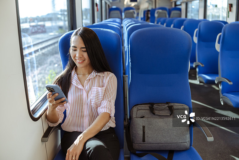 微笑的女性在现代列车上独自旅行时使用智能手机图片素材