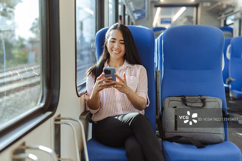 微笑的女性在现代列车上使用智能手机旅行图片素材
