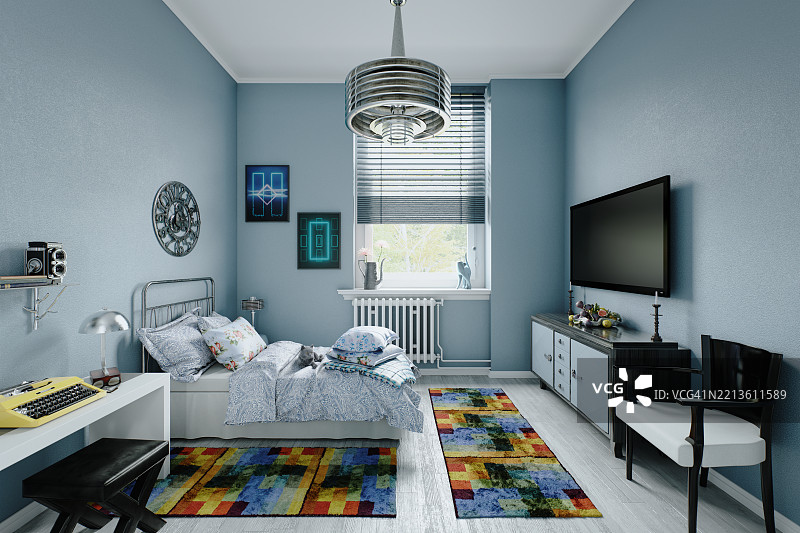 温馨的主卧室，配有复古装饰和丰富多彩的装饰元素图片素材