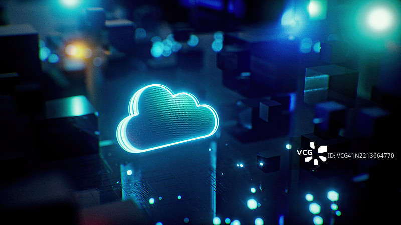 数字云概念背景。云计算解决方案与演变。未来派云图标在技术进步与创新的世界中。云计算背景图片素材