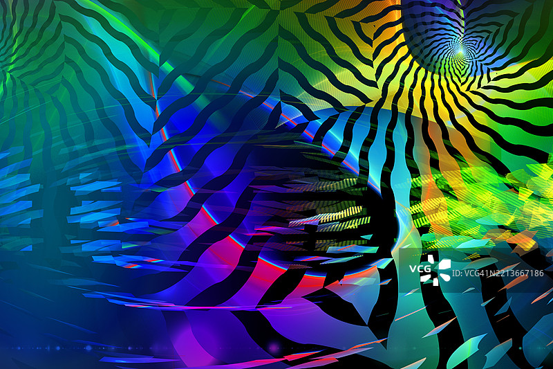 迷幻抽象图案，带有彩虹色和螺旋。鲜艳的分形彩虹色调在动态的黑色斑马条纹图案中旋转，形成大胆的迷幻抽象效果。图片素材
