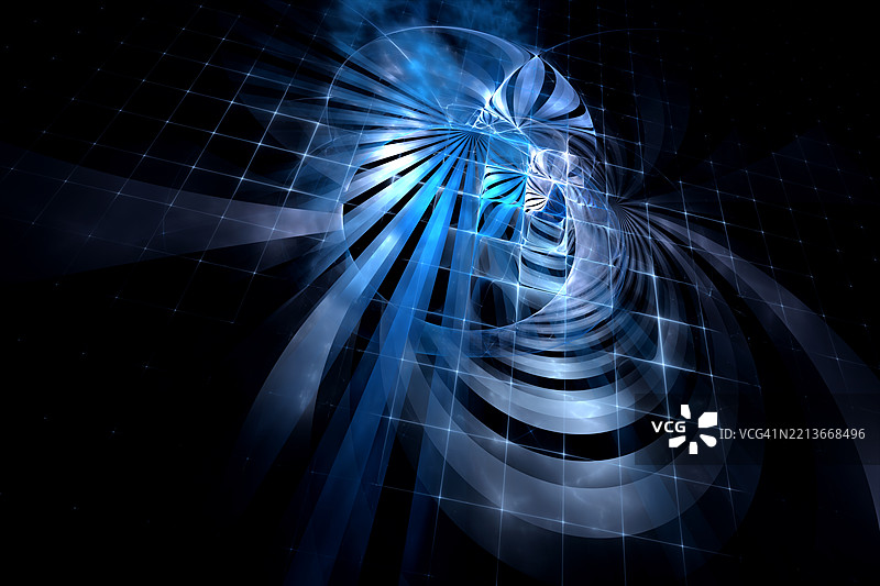 未来派抽象蓝色数字螺旋在黑色背景上。一个动态的蓝色和黑色分形螺旋，带有发光的网格线，唤起未来主义和科技灵感的主题。图片素材