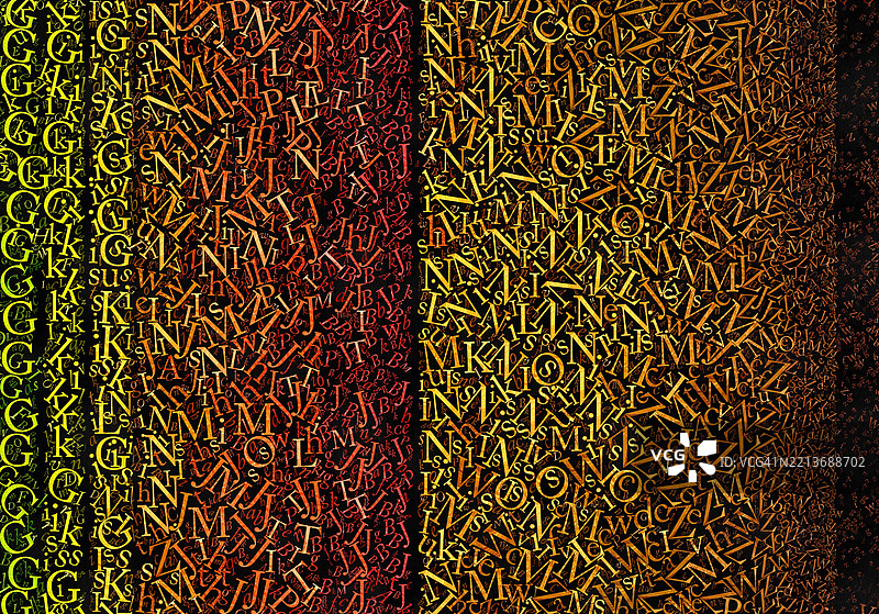 抽象背景，黑色背景上混乱的字母与渐变效果。图片素材