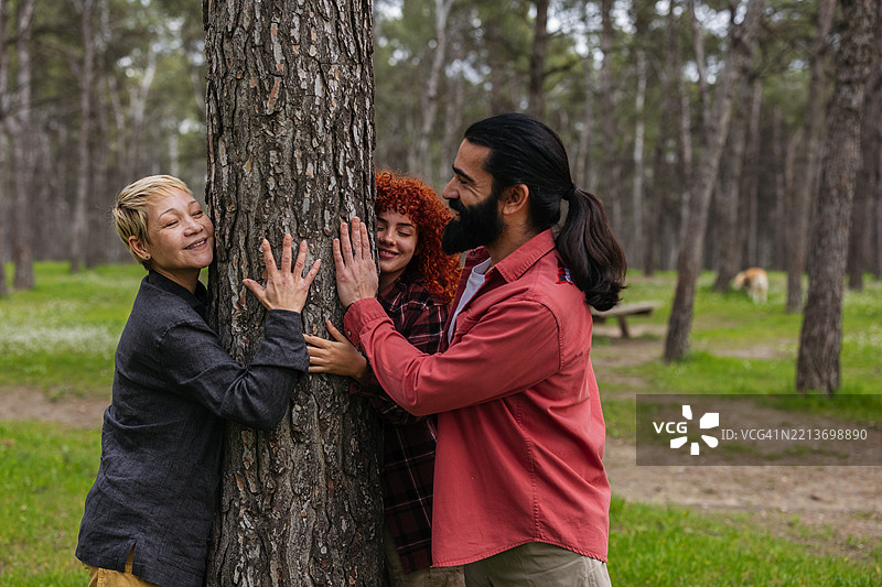 三位环保主义者在森林中拥抱一棵树图片素材