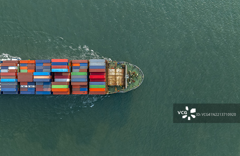航拍俯视，集装箱船正在国际港口出航。关于海运货物进出口的业务。图片素材