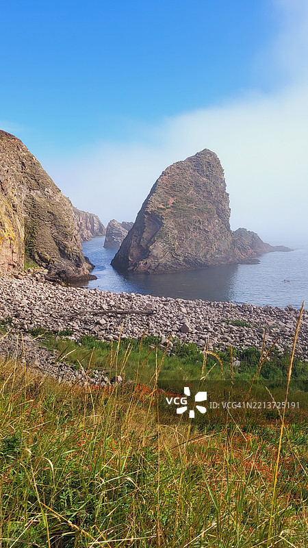 壮丽的海岸悬崖和岩石海岸在晴朗的蓝天下，阿伯丁郡，英国图片素材
