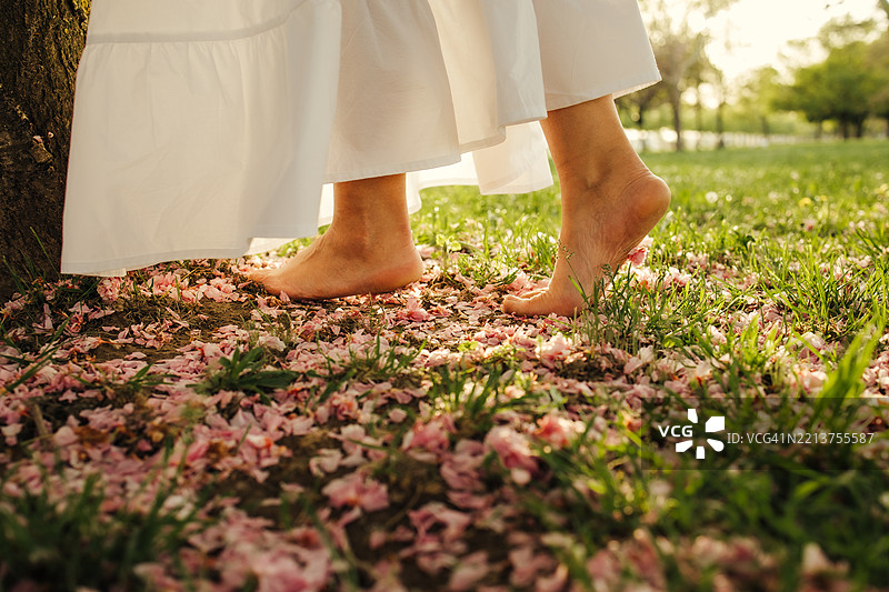女性赤脚踩在树干旁的草地上图片素材
