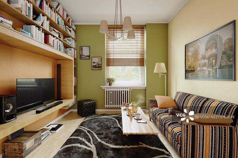 复古风格的客厅室内，配有书架、色彩丰富的家具和自然光线图片素材