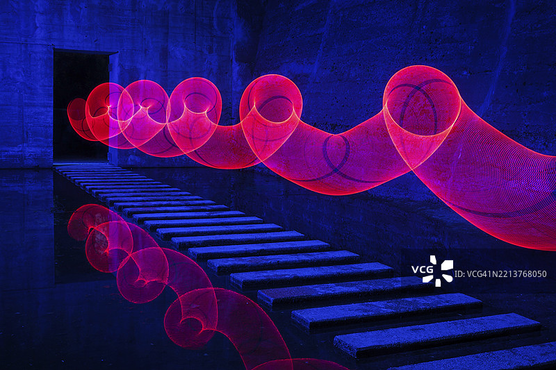 在黑暗的房间里以波浪形状进行光绘，霓虹灯光绘，德国北莱茵-威斯特法伦州杜伊斯堡的兰德斯哈夫公园，欧洲图片素材