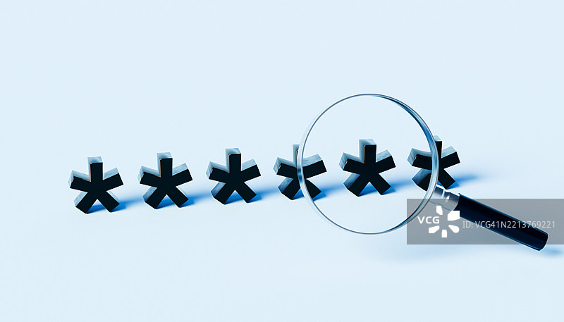 隐私受到审视：放大镜悬停在一排星号符号上图片素材