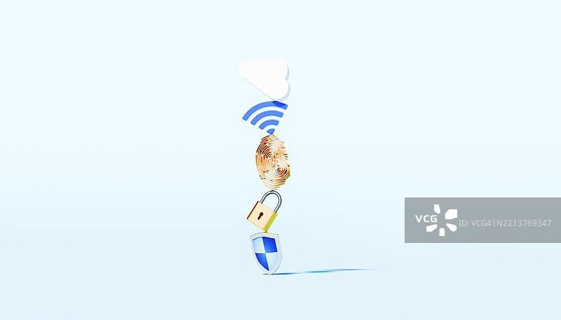 锁、盾牌、WiFi和指纹图标叠加在一起，代表全面的数字安全。图片素材