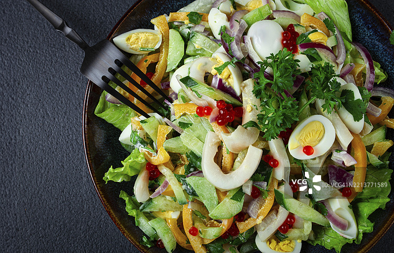 鱿鱼沙拉，配新鲜黄瓜、鸡蛋、甜椒、红洋葱，淋上自制调料，无人出镜图片素材