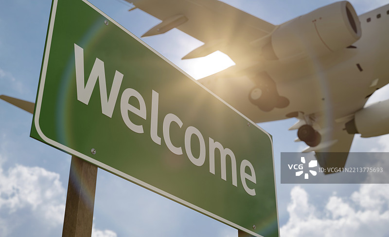 欢迎的绿色路标，上方有飞机图案图片素材